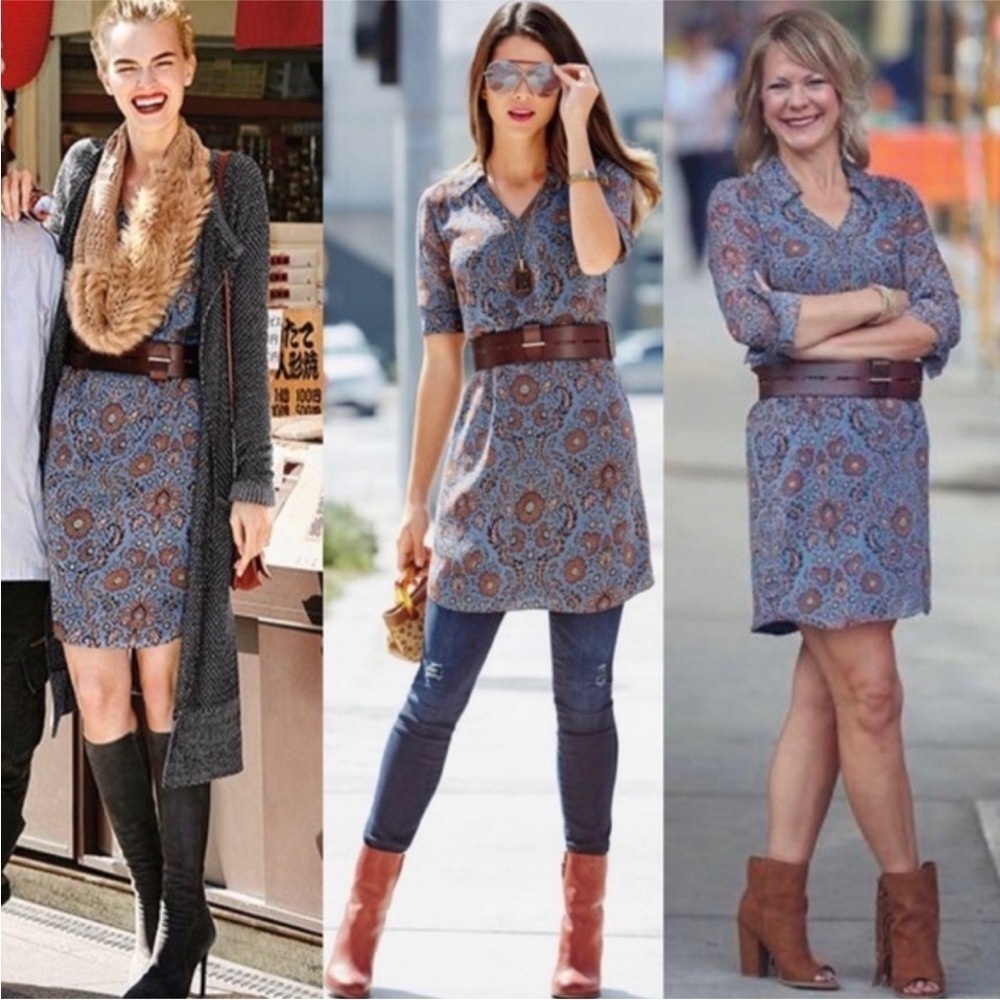 Cabi Provencial XXS Tunic Style 3295 Blue Brown Floral Long Sleeves Dress